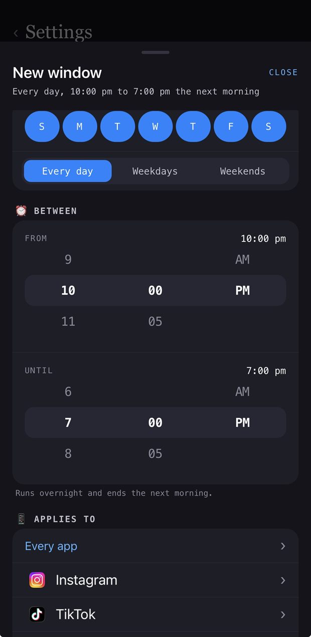 A blocking window set from 10pm to 7am